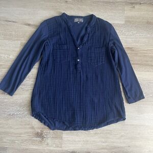 Michael Stars Navy Gauze Long Sleeve Blouse Medium Button Front Collar